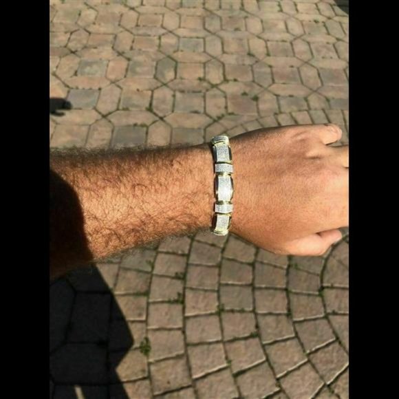 Mens Custom Bracelet 14k Yellow Gold Plated Solid 925 Silver Simulated Diamonds - Picture 5 of 10